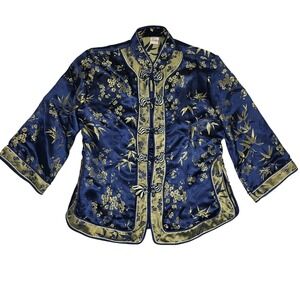Vintage MiMi Blue and Gold Floral‎ Satin Jacket Large
